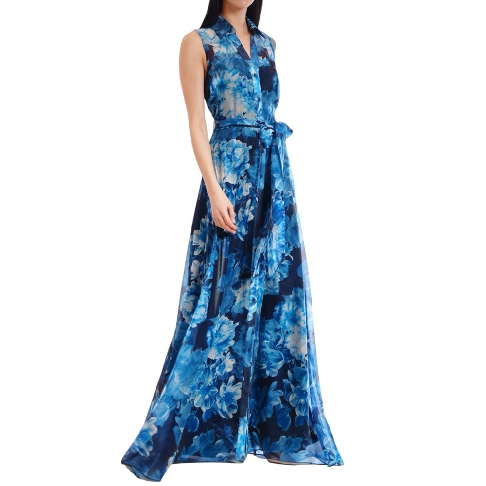 NWT JULIA JORDAN Blue Floral Sleeveless Tie Waist Organza Dress Gown Size 4
